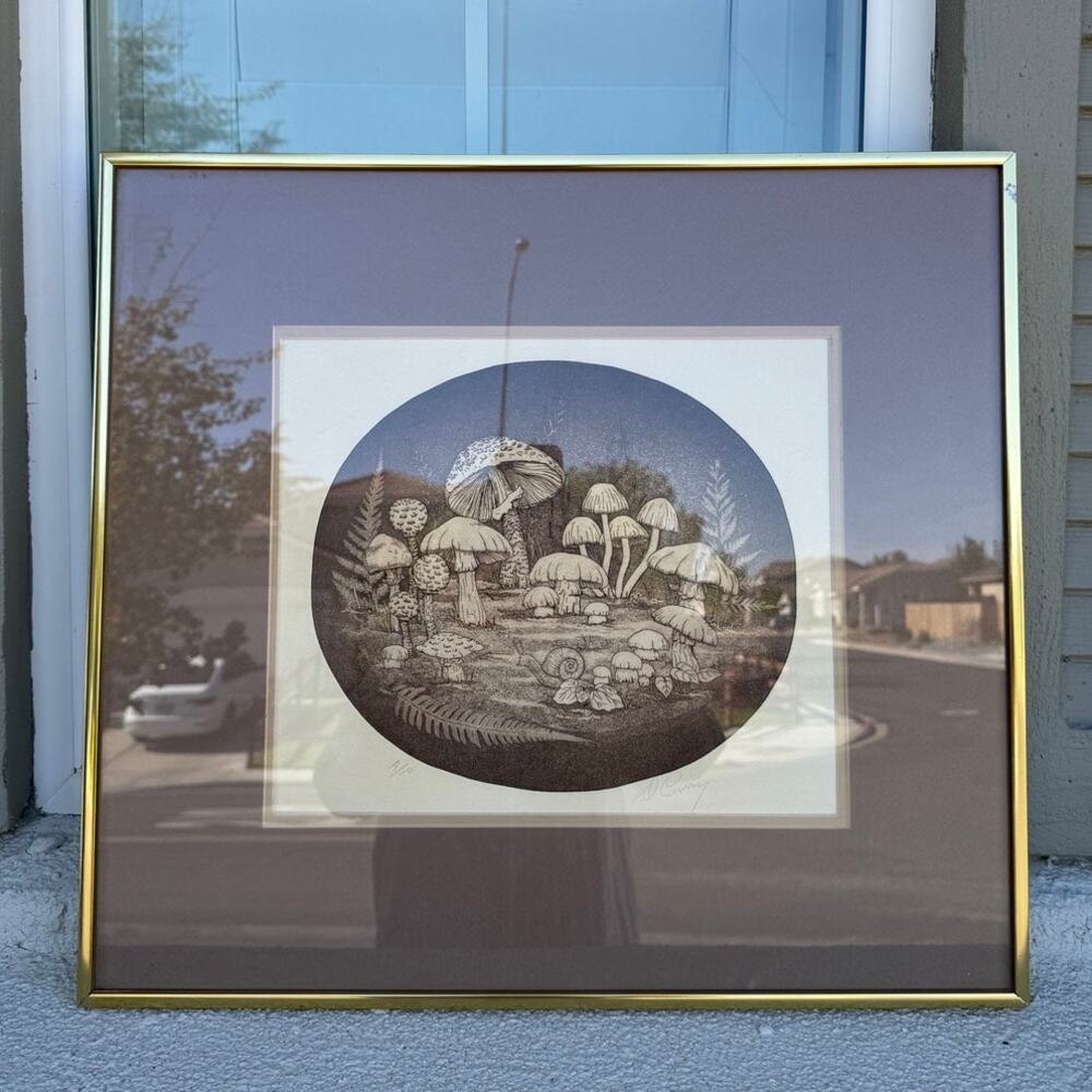 vintage framed matted mushroom lithograph etching print sepia brown by D. Curry